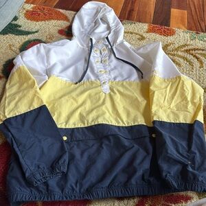 Columbia rain coat blue, white, yellow pullover.
